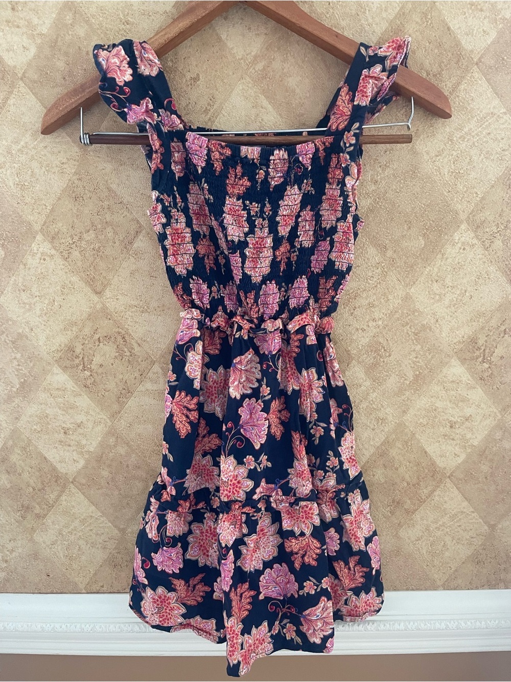 Old Navy Girls Floral Smocked Sundress Size Large 10-12 Navy Pink Tiered Dress